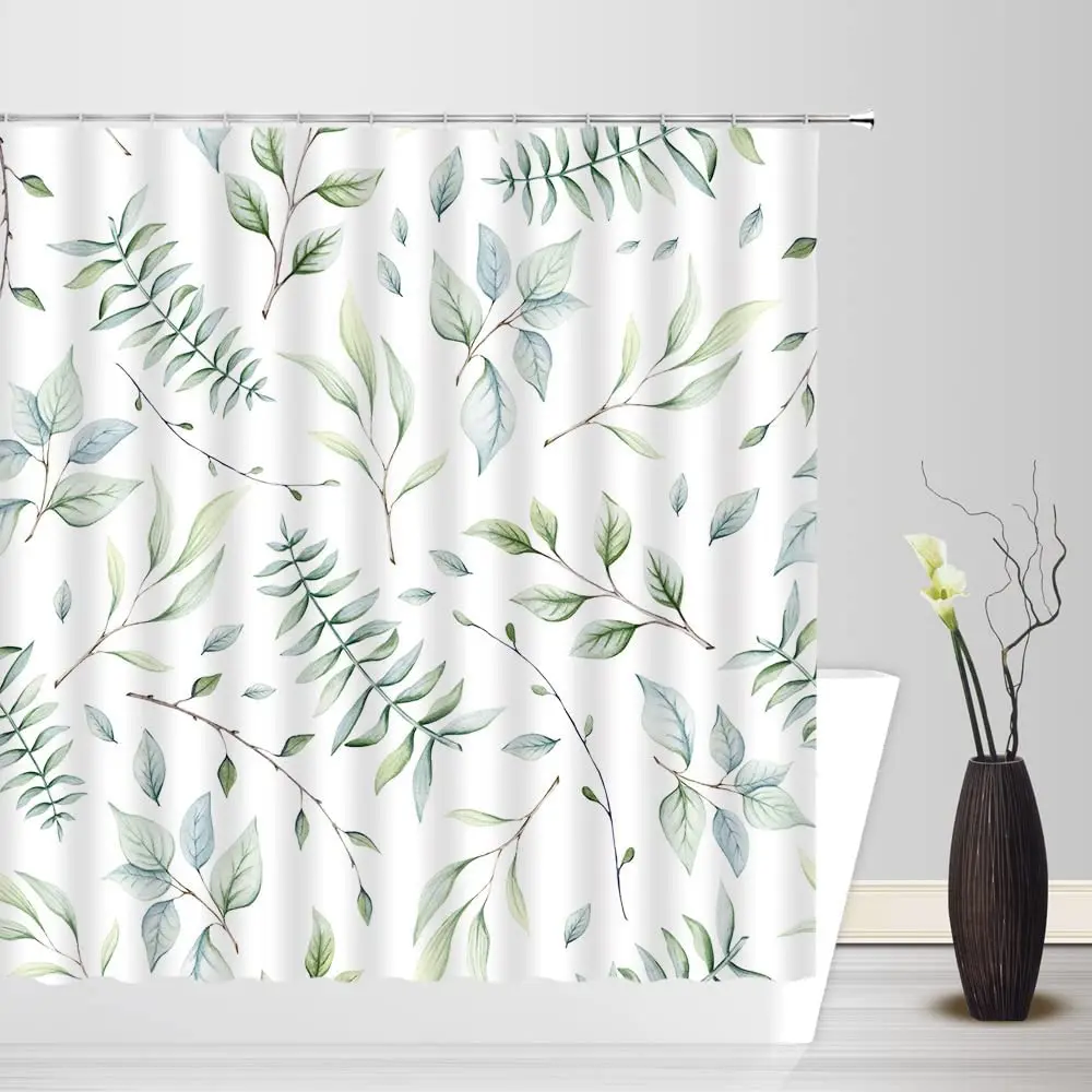 

Tropical Plant Shower Curtain Green Leaves Eucalyptus Leaf Nature Wild Herbs Botanical Waterproof Fabric with Hooks Bath Curtain