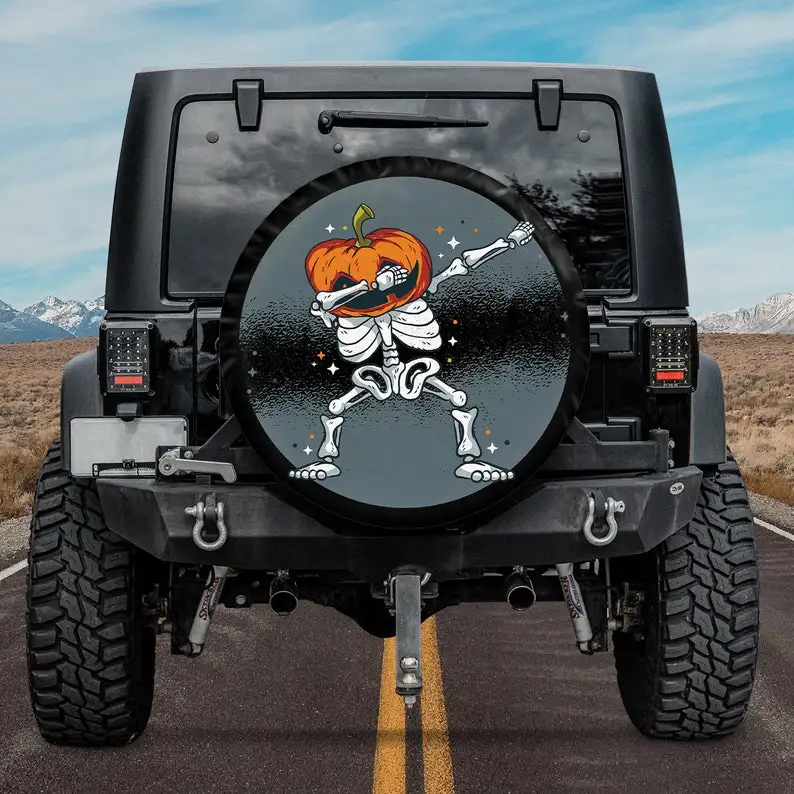 

Unique Spare Tire Covers, Skeleton with Pumpkin Head Dabbing Halloween Spare Tire Cover Camper, Holiday tire spare, Gift For Fat