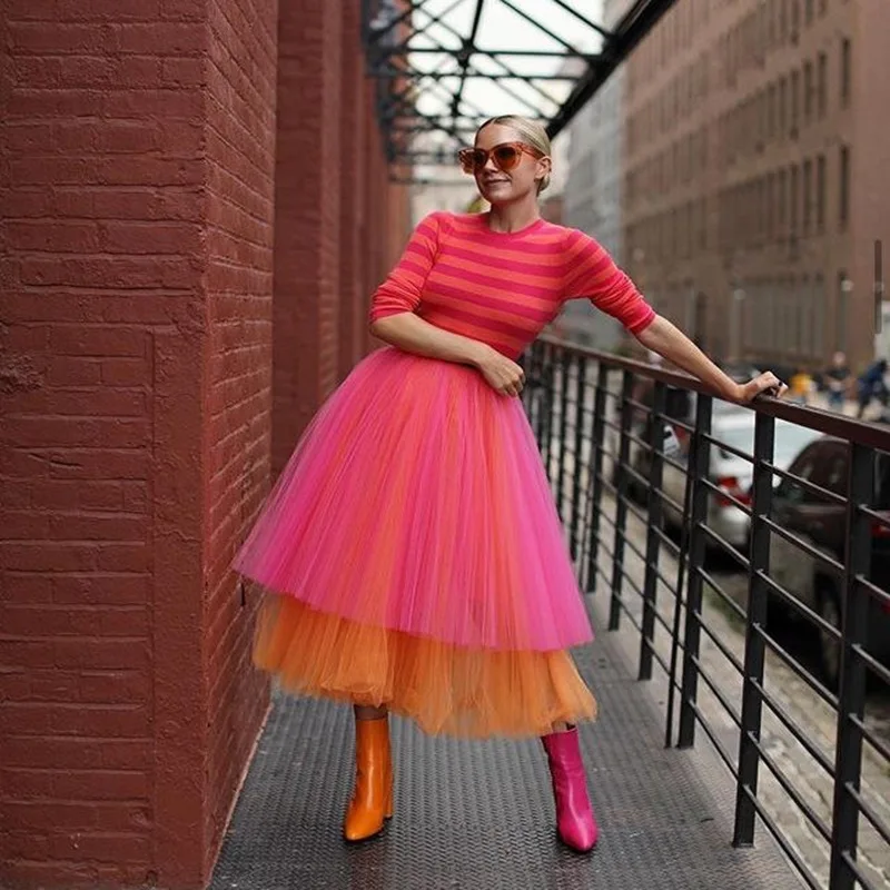

Женская длинная фатиновая юбка, двухслойная сетчатая летняя юбка контрастных цветов с высокой талией для вечерние