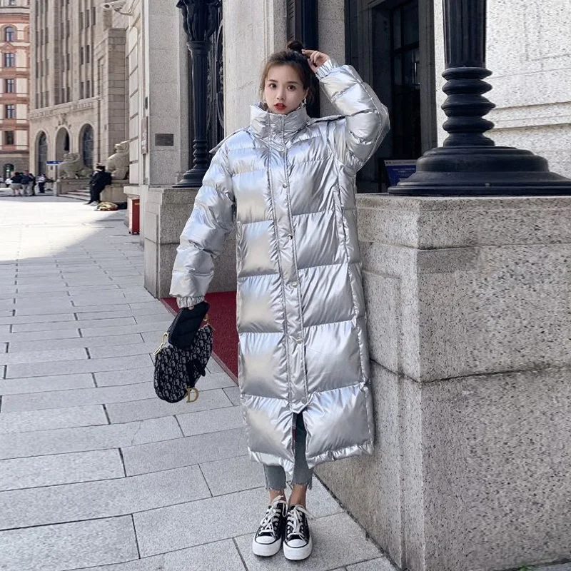 Down Padded Jacket Women's Winter 2022 New Korean Version Of The Loose Shiny Long Coat Thick Warm Solid Color Parkas Female