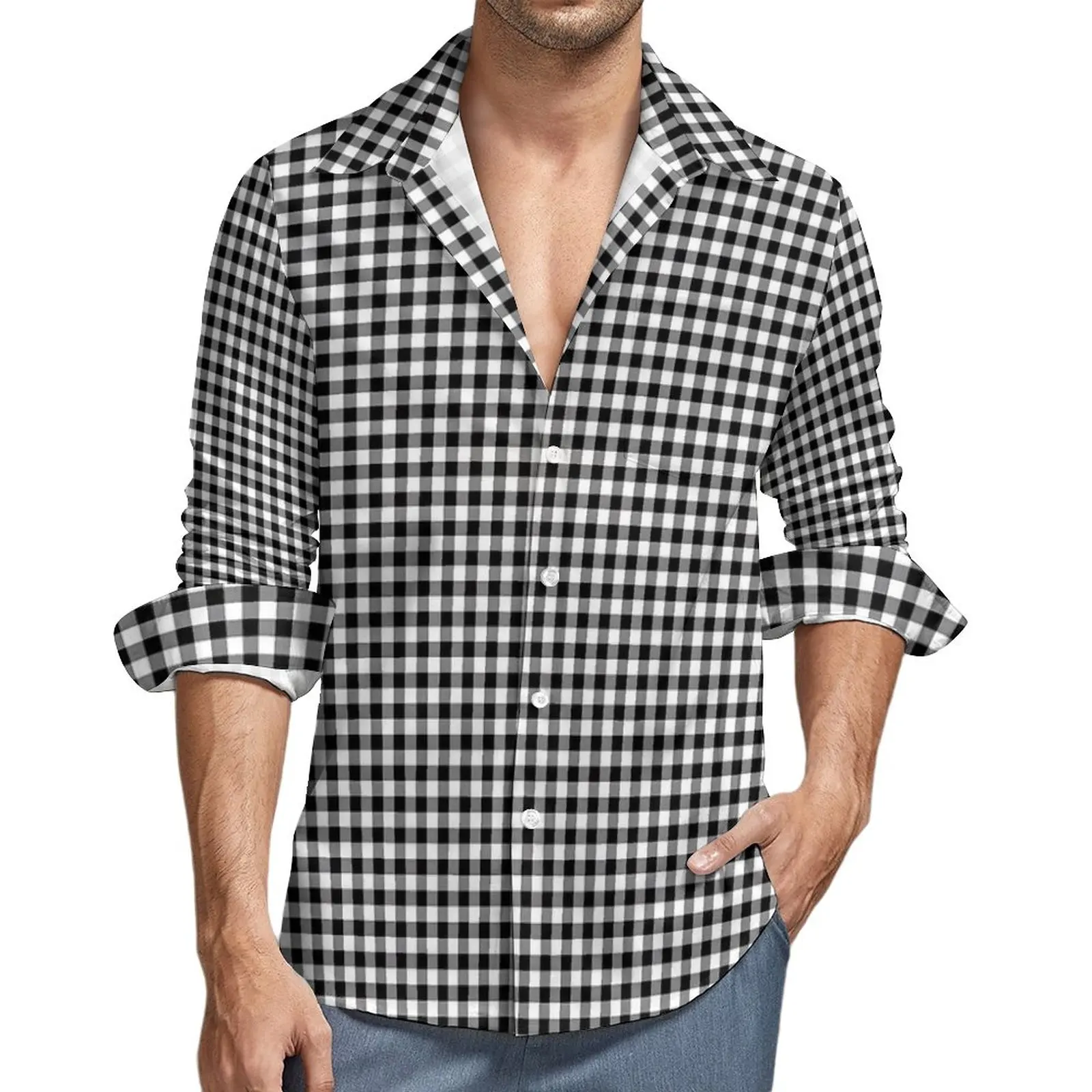 

Black And White Shirt Male Check Print Casual Shirts Spring Street Style Graphic Blouses Long Sleeve Fashion Oversized Top Gift
