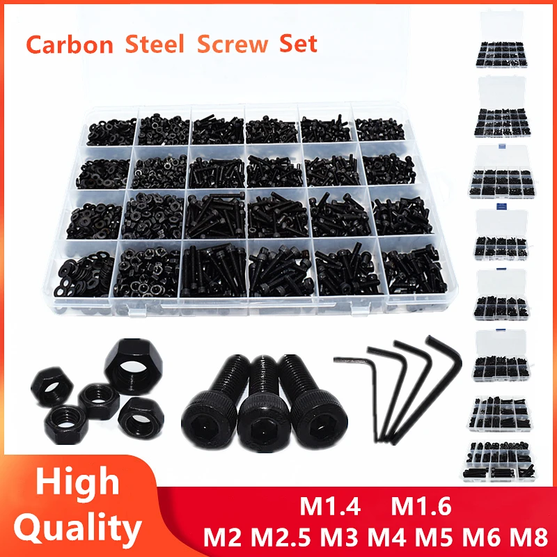 

New M1.4 M1.6 M2 M2.5 M3 M4 M5 Various Lengths Carbon Steel Hexagon Hex Socket Cap Head Screw Bolt Nut Washer Set Assortment Kit