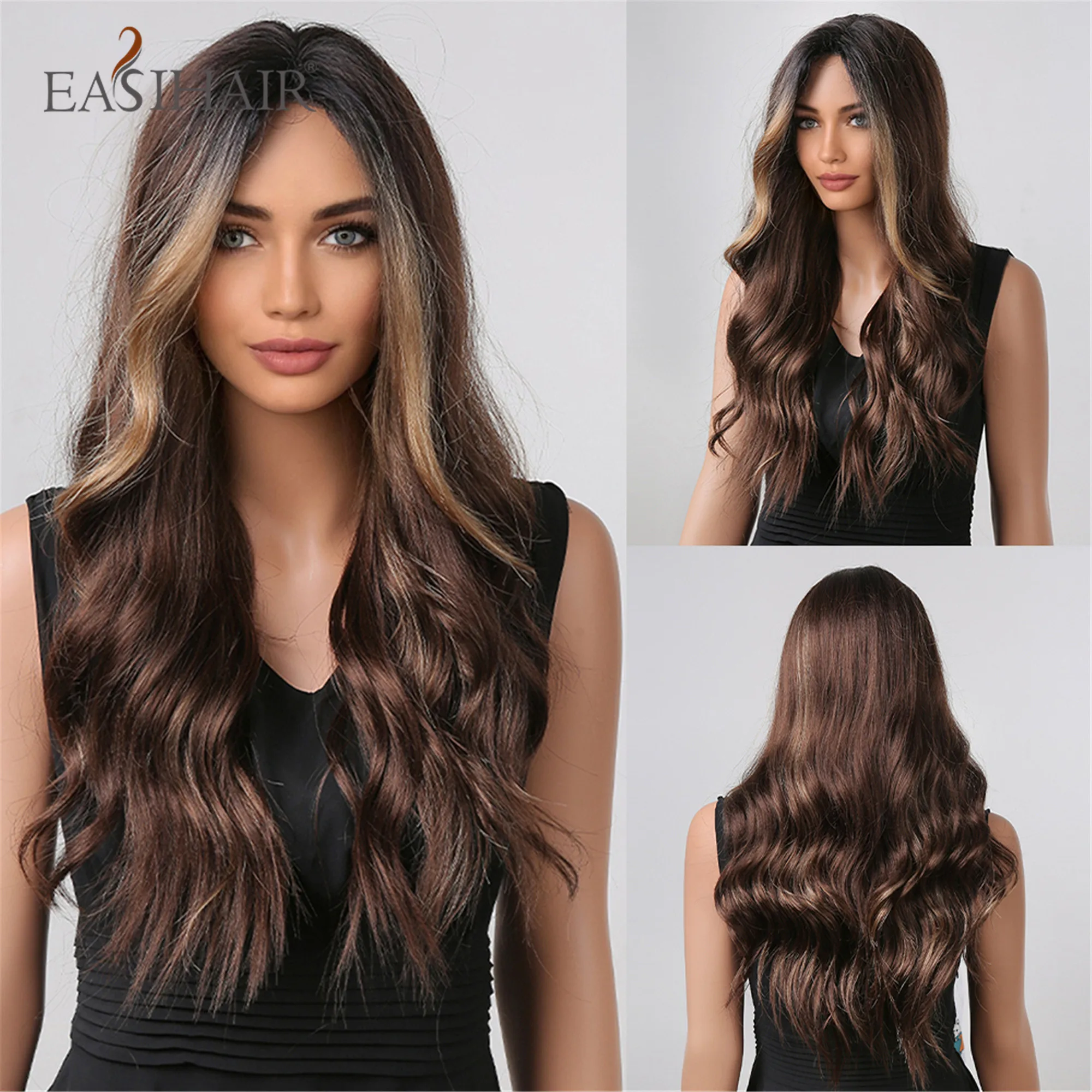 

EASIHAIR Synthetic Women's Wig Long Wavy Brown Highlight Golden Wigs for Black Women Daily Heat Resistant Fibers Fake Hairs