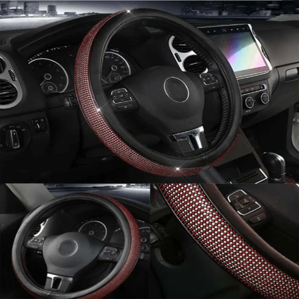 

Car Steering Wheel Cover 37-38CM Sparkled Red Diamond Crystal Non Slip Leather Universal Steering Wheel Protector