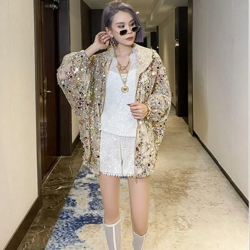 

Women Sequined Jackets Bling Bling Shiny Hoody Jacket Female Zip Up Mesh Coats and Jackets Women Clothing Ropa De Mujer E75
