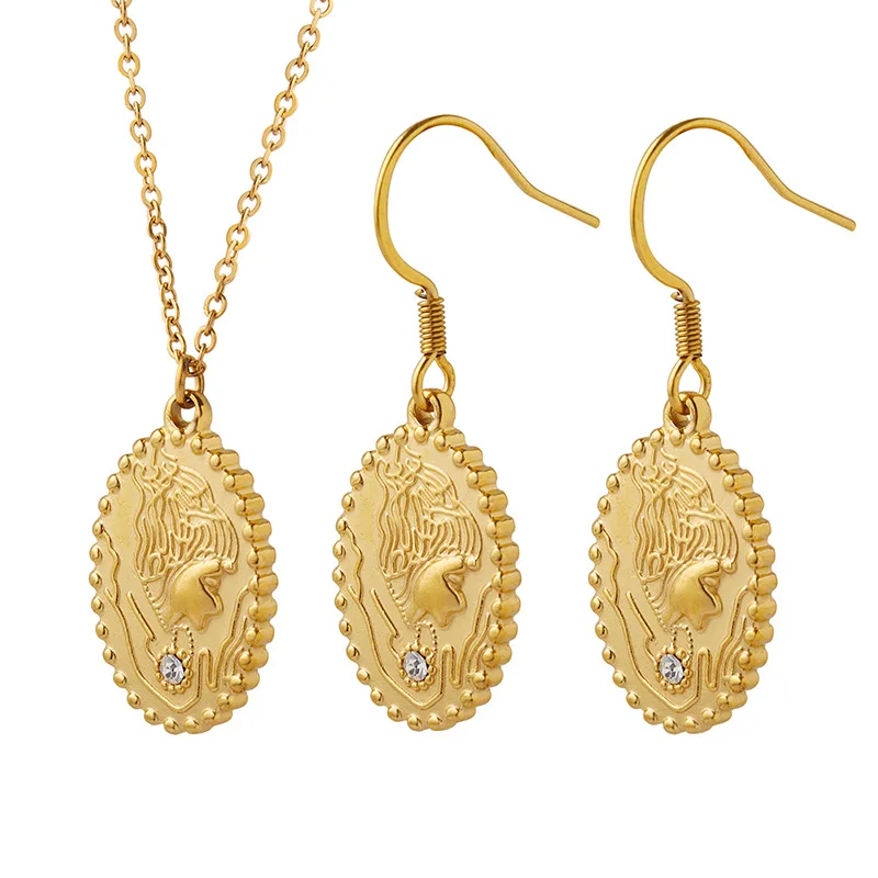 

Amaiyllis 18K Gold Court Style Retro Niche Elegant Portrait Inlaid Zircon Oval Necklace Earrings Jewelry Set