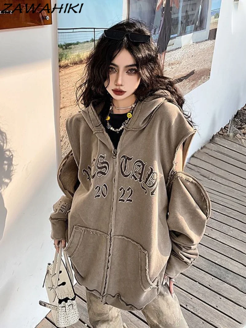 

Женская толстовка на молнии в стиле Харадзюку, винтажная Толстовка в стиле пэчворк в стиле 90-х, пальто оверсайз с капюшоном и надписью, свитшот с вышивкой, верхняя одежда
