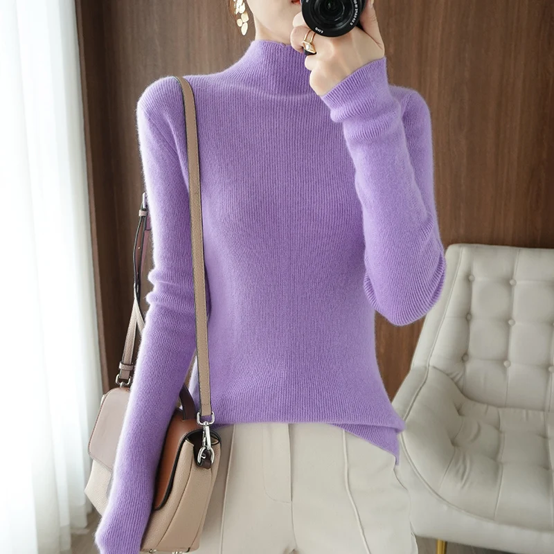 

Осень-зима 2022 Новинка женский однотонный Универсальный теплый свитер с высоким воротом выглядит тонкий и универсальный Однотонный свитер c