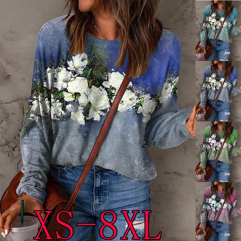 

Женская свободная футболка с длинным рукавом и круглым вырезом