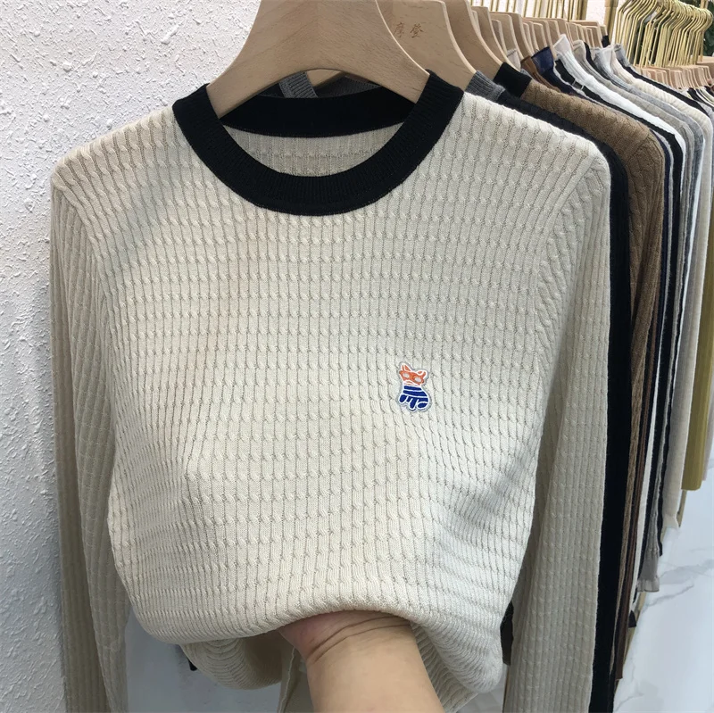 Осень и зима 2024 новый корейский шерстяной свитер с круглым вырезом вышитой нитью