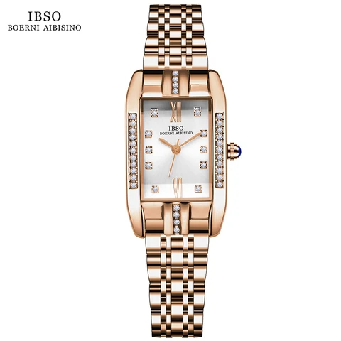 IBSO 9298 прямоугольные Новые женские кварцевые часы роскошный ремешок из нержавеющей стали 3 АТМ водонепроницаемые Модные Часы женские полный Циркон циферблат