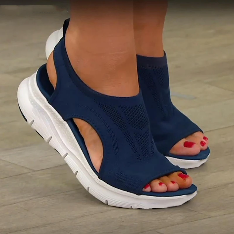 

Женские босоножки с открытым носком, однотонные сетчатые туфли на танкетке, с вырезами, повседневные сандалии на платформе, лето 2022