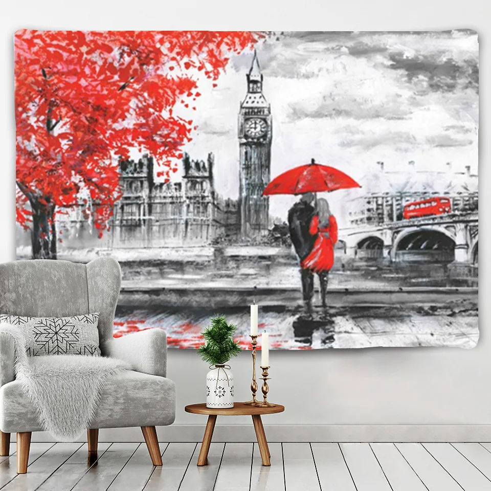 

Laeacco Romantic Watercolor Printed Wall Tapestry British Love Street Scenery Tapestry Wall Hanging Art Home Decorations