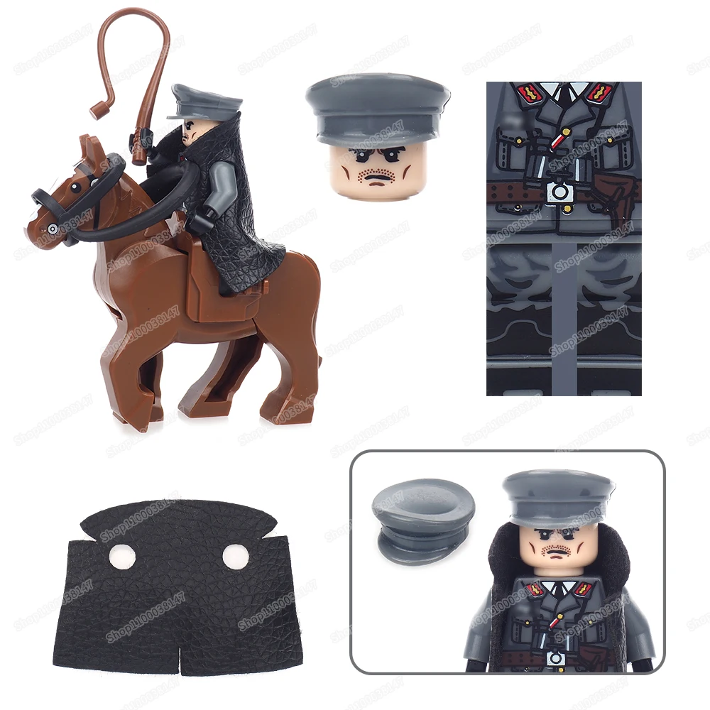 

Military WW2 Commander War Horse Building Block German Army Figures Equipment Cloak Horse Whip Assemble Model Child Gift Boy Toy