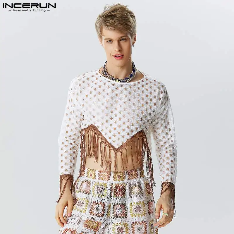 

American Style New Men's Hollowed See-through mesh T-shirts Casual Male Cuff Tassel Long Sleeve Camiseta S-5XL INCERUN Tops 2023