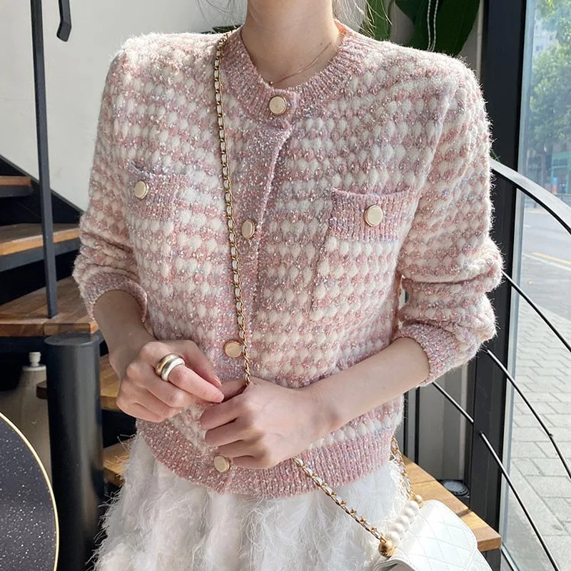 

All-match O-neck Double Pockets Cardigan Y2k Aesthetic 2021 Chic Panelled Patchwork Sweater Women Elegant Exquisite Button Coat