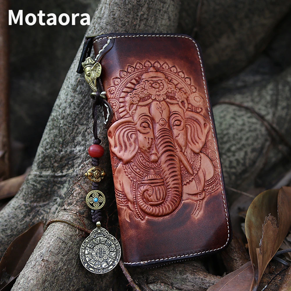 MOTAORA 2022 New Luxury Women Wallet Vintage Handmade Genuine Leather Carved Men Long Cowhide Wallets Card Holder Phone Purses