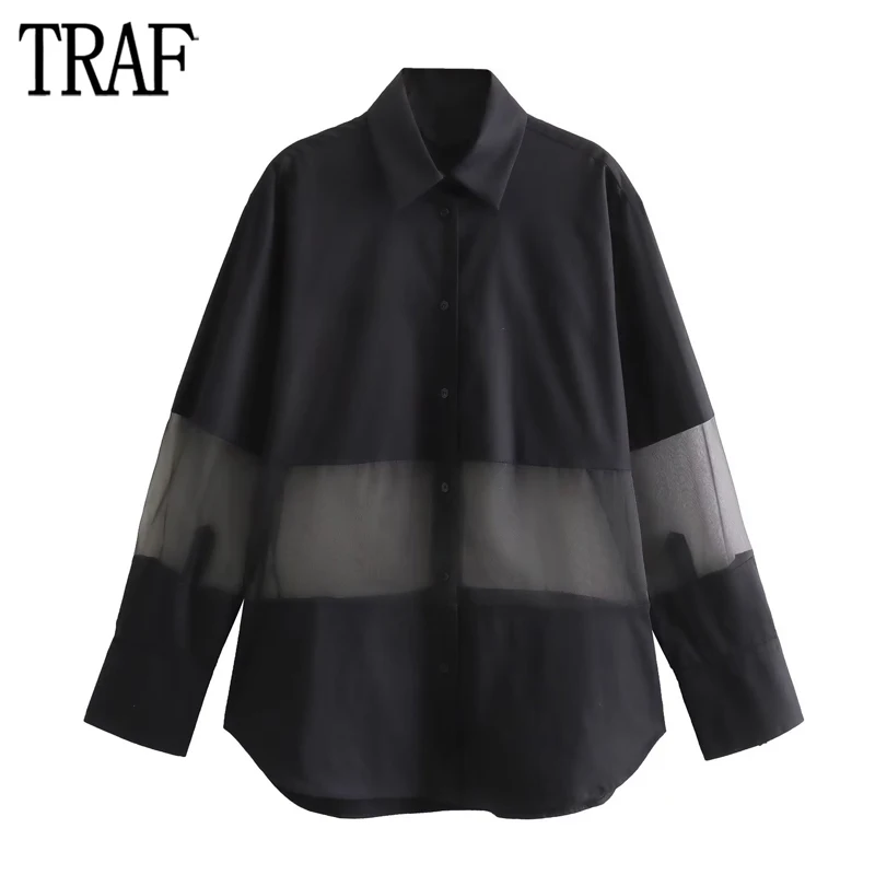 

TRAF Oversize Long Shirt Woman Patchwork Button up Shirts for Women Long Sleeve Basic Women's Shirt Collared Shirts and Blouses