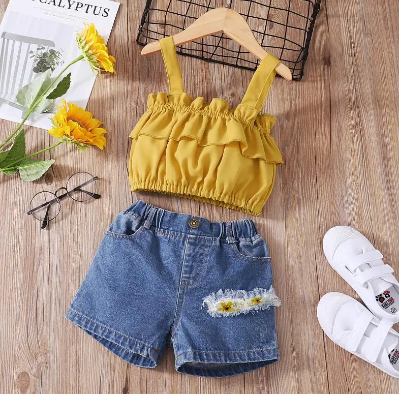 

Baby Summer clothes Sets Toddler Fashion girl Solid color sleeveless Tank tops+denim shorts 2pcs Boutique Outfits kids Costume