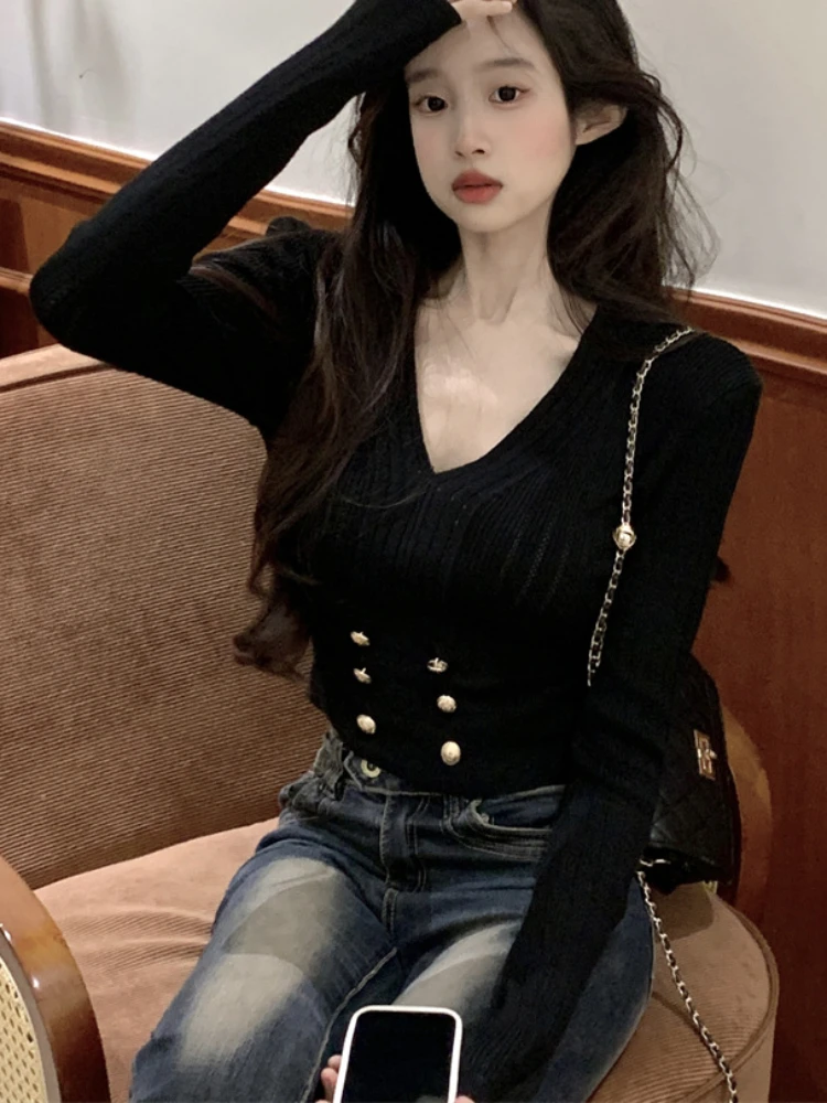 Свитера женские однотонные универсальные элегантные модные свитера с v-образным