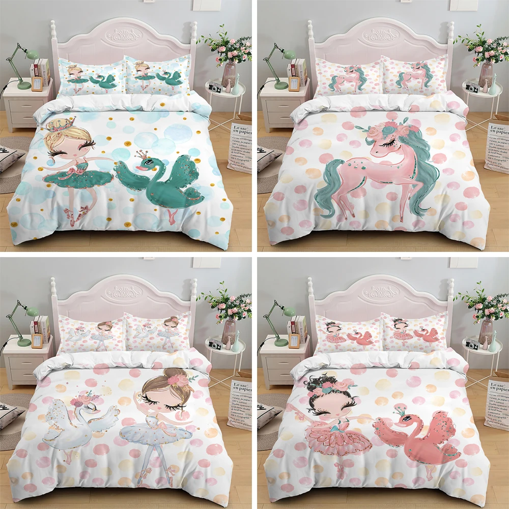 

Modern Cartoon Themed Bedding Set 2/3pcs Single Full Size Ballet Dancing Girl Comforter Quilt Cover For All Seasons Home Textile