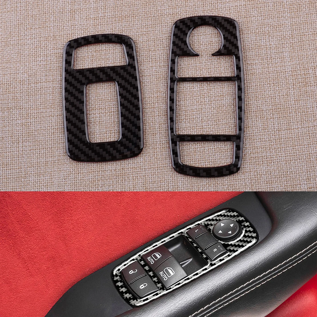 

2Pcs Black Carbon Fiber Front Left Right Window Lift Switch Button Cover Trim Fit for Dodge Challenger 2015 2016 2017 2018-2020