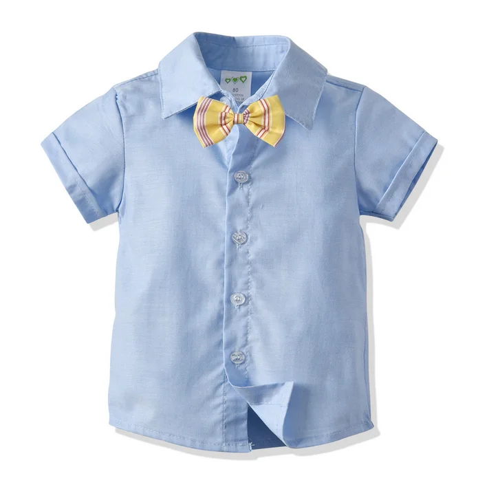 

Toddler Kids Boys Girls Tops, Solid Color Short Sleeve Lapel Shirt with Bow Tie, Blue