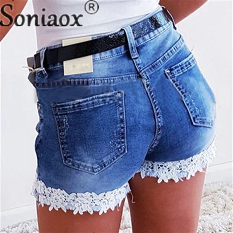 Fashion Street Casual Button Splicing Lace Denim Shorts Female Summer Slim Fit Stretch Three Quarter Pants Women's Skinny Jeans