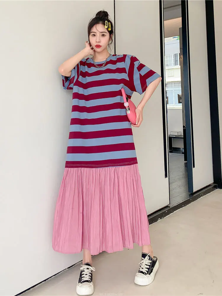 

2023 Summer New Korea Woman Dress Vestidos Robe Elbise Loose Plus Size False Two-piece Cotton Stripe Patchwork Long Dresses