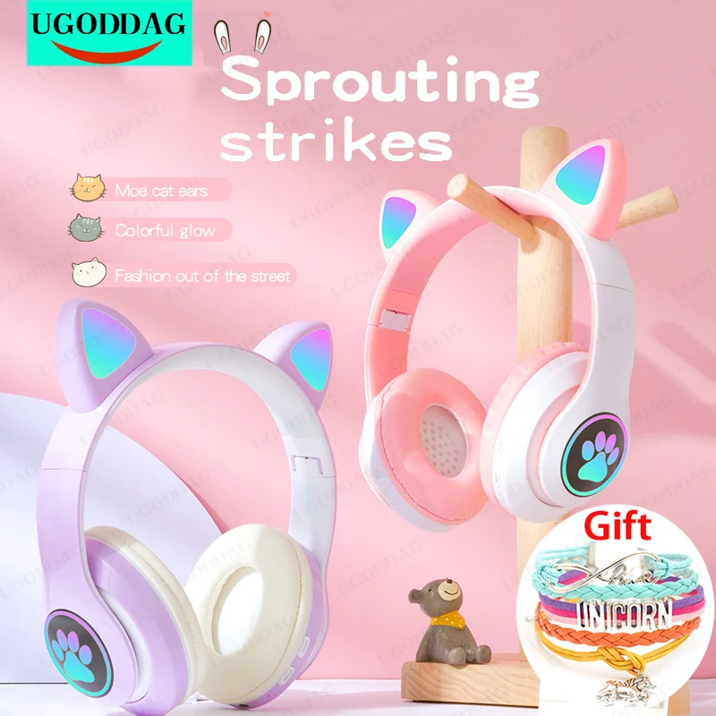 

Flash LED Cute Cat Ear Bluetooth Headphones Kid Girl Music Wireless Helmet TF Card Gaming Earphone With Mic Phone Headsets Gift