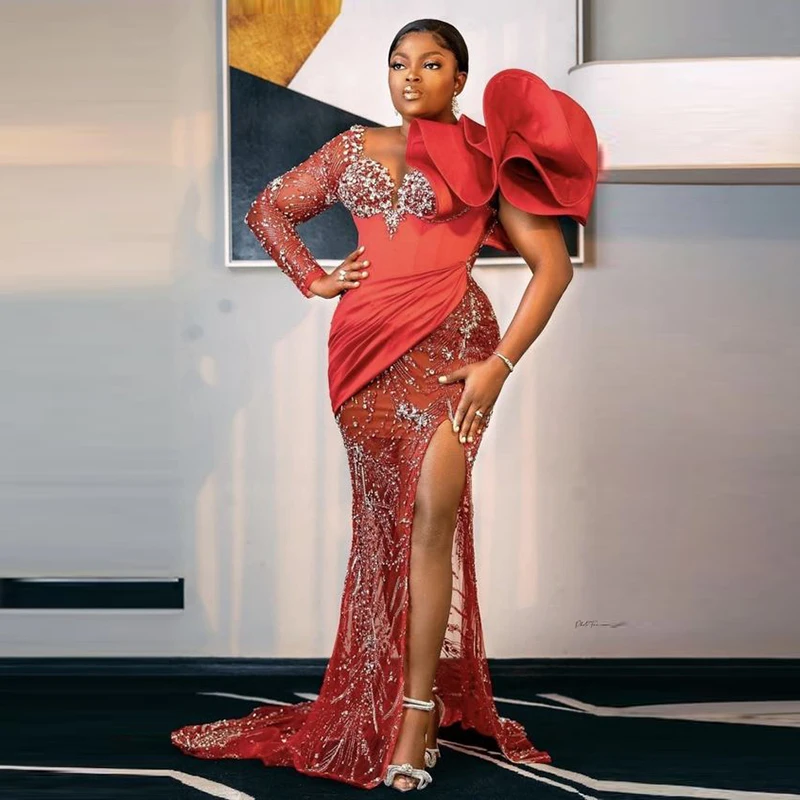 

Red Lace Crystals Beaded Prom Dresses Aso Ebi Style Women Mermaid Evening Gowns Side High Split Formal Party Dress Robe De Soire