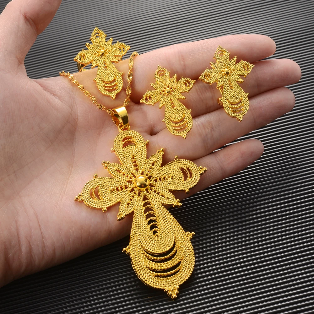 

Fashion Gold Color Cross Pendant Necklace Earrings Ring Set For Women Vintage Arab Africa Europe Jewelry Sets Party Gifts