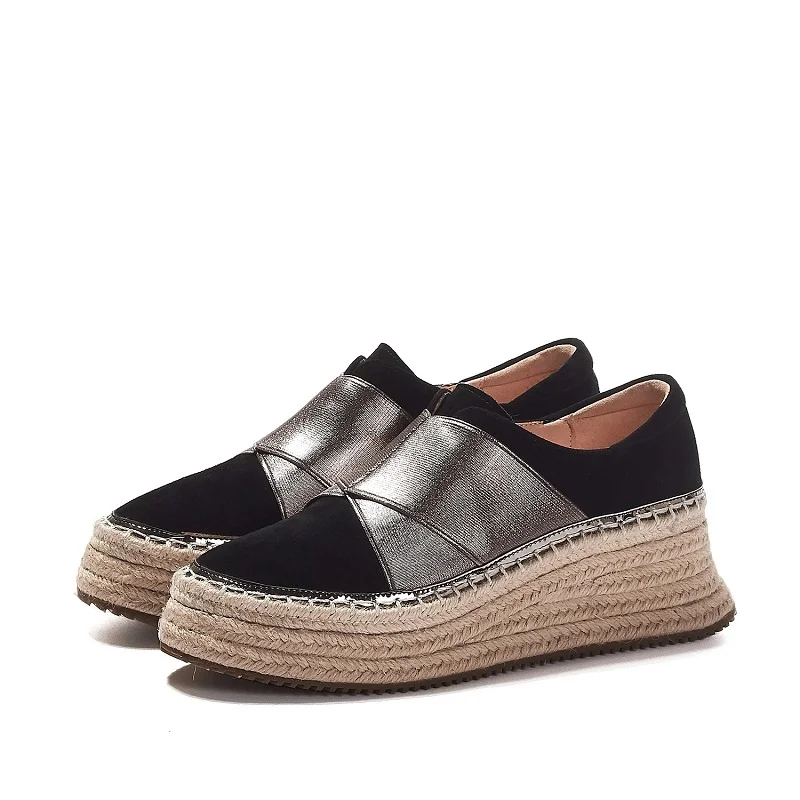

High Women Loafers Quality Espadrilles Slip On Platform Casual Shoes Round Toe Creepers Genuine Suede Leather