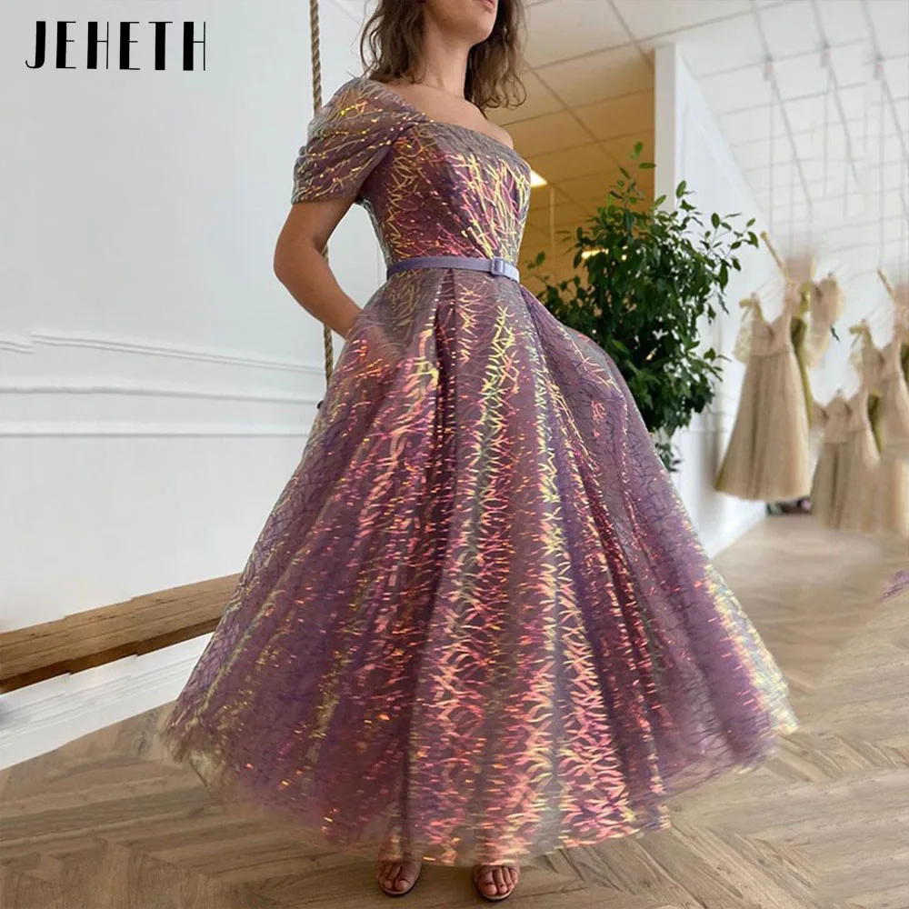 

JEHETH Glitter One Shoulder Sequined Prom Dress Celebrity A-Line Backless Evening Gown with Pockets Ankle Length robes de soirée