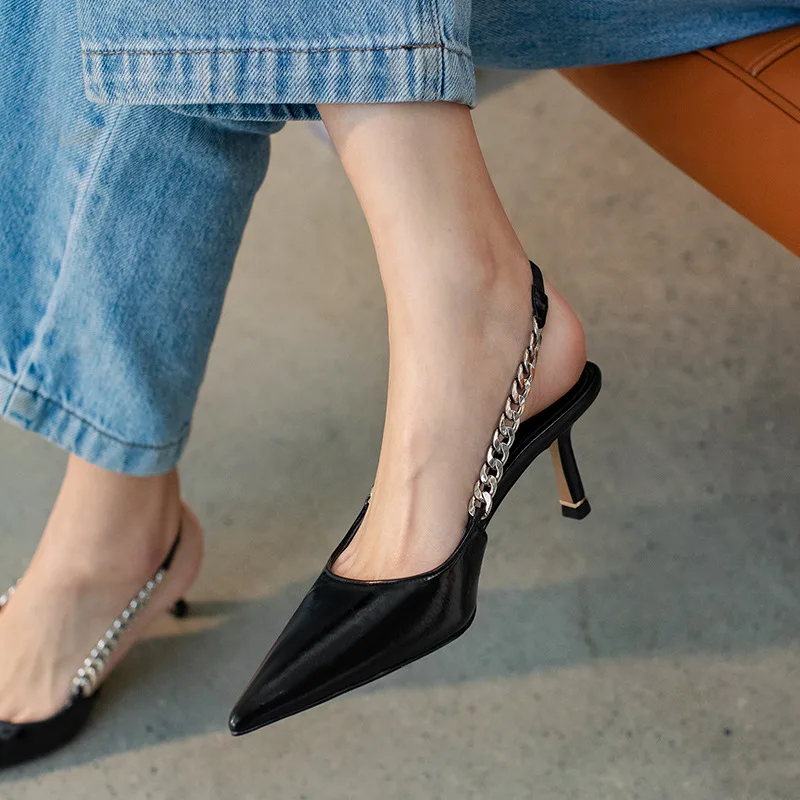 

Новые модные темпераментные однотонные летние сандалии Baotou на высоком каблуке с острым носком