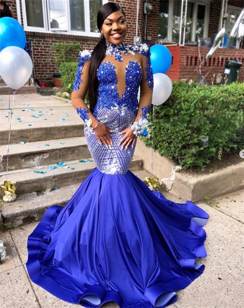 

Aso Ebi Royal Blue Lllusion Beaded Mermaid Evening Dresses Long Sleeve African Women Formal Party Gowns Plus Size