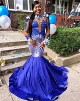 aso ebi royal blue lllusion beaded mermaid evening dresses long sleeve african women formal party gowns plus size