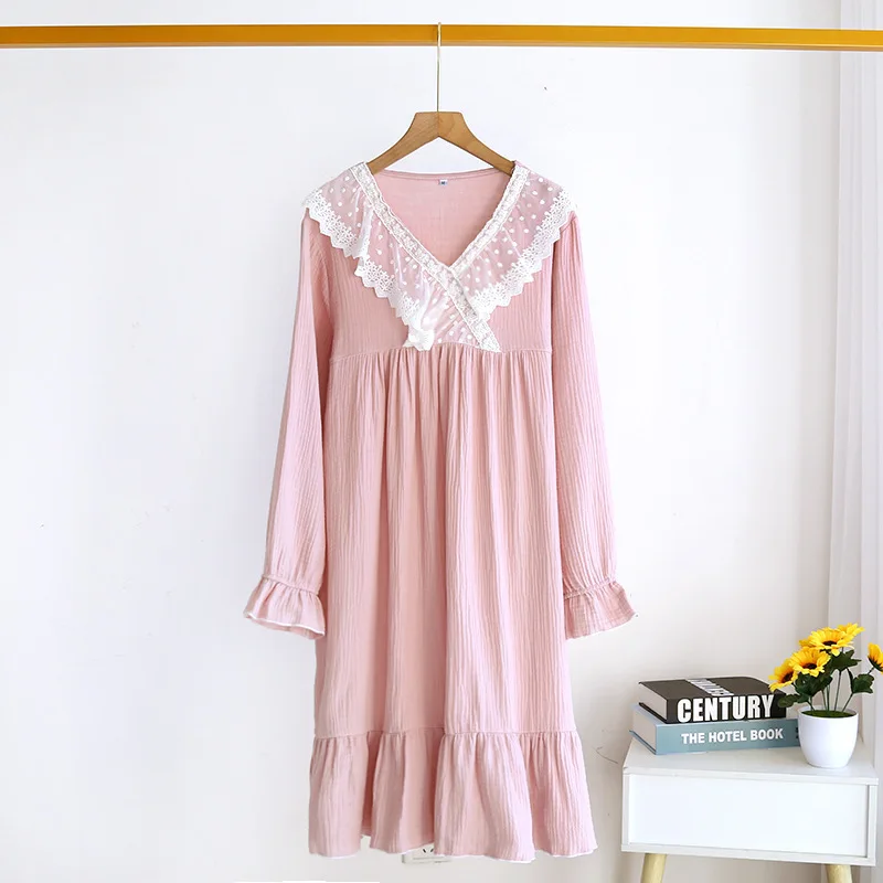 Princess Nightdress Cotton Spring Autumn Double Gauze V-Neck Lace Long Sleeve Washed Crepe outdoor over The Knee Home nightgown