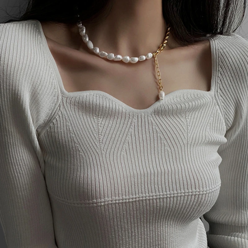 

U-Magical Vintage Asymmetric Natural Freshwater Pearl Twist Chain Choker Necklace for Women Simple Beaded Necklace Jwellery