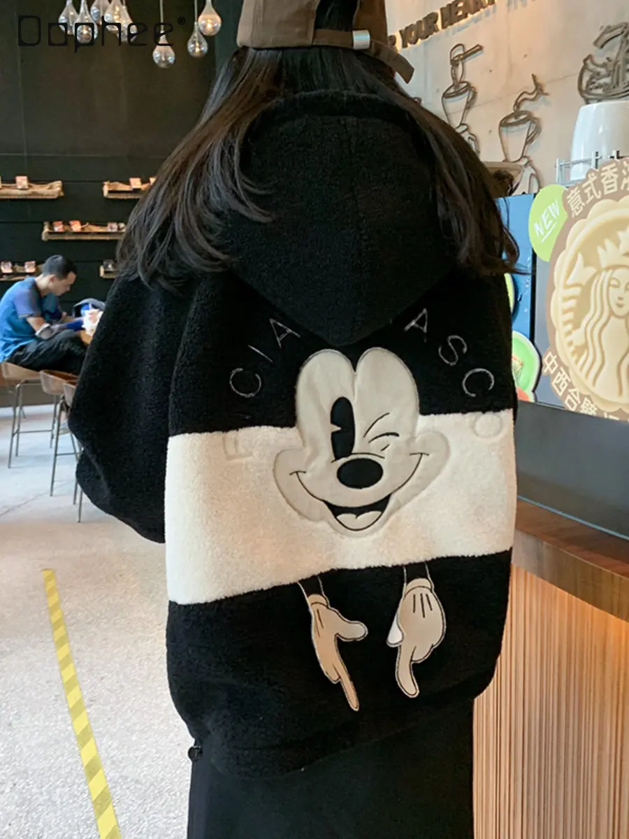 2022 Autumn and Winter Clothes Women Fashion Cartoon Lamb Wool Coat for Female Student Loose Thick Fleece Hooded Sweatshirts