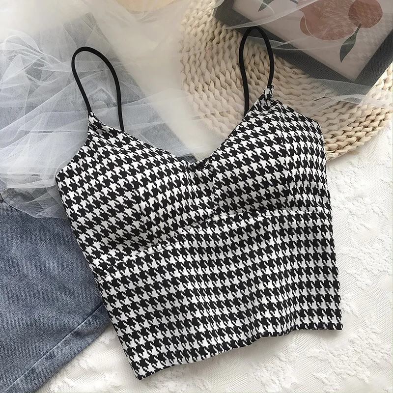 

Was Camisole New Up Sports Slim Sexy Women Top Thin Summer Push 2022 Top Houndstooth Tank Wireless Crop Padded