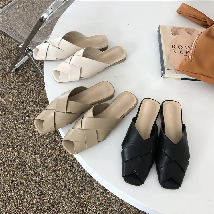 

Shoes Peep Toe Mules For Women 2022 Slippers Summer Fretwork Heels Pantofle Slides Flat New Soft Fabric Casual Rome Basic Concis