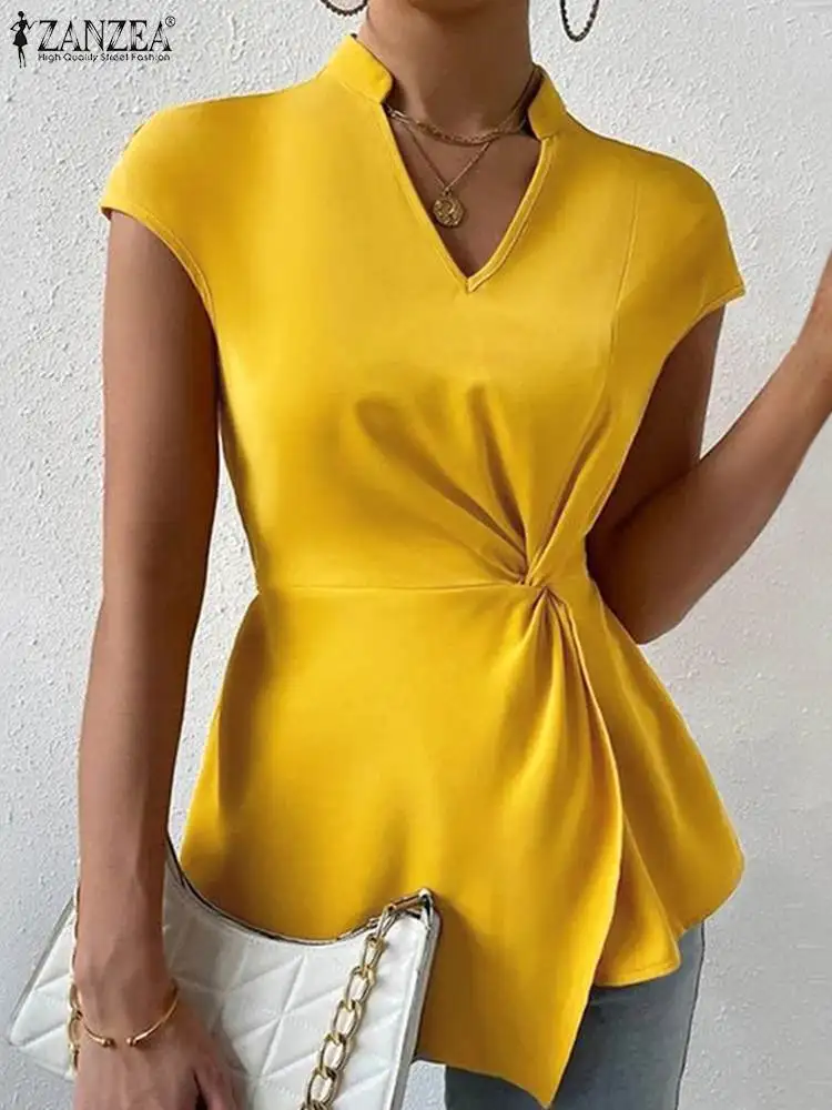 

ZANZEA Twisted Front Party Tops Waisted Short Sleeve Shirt Fashion Office Lady Blouse V-neck 2023 Summer Solid Color Women Blusa