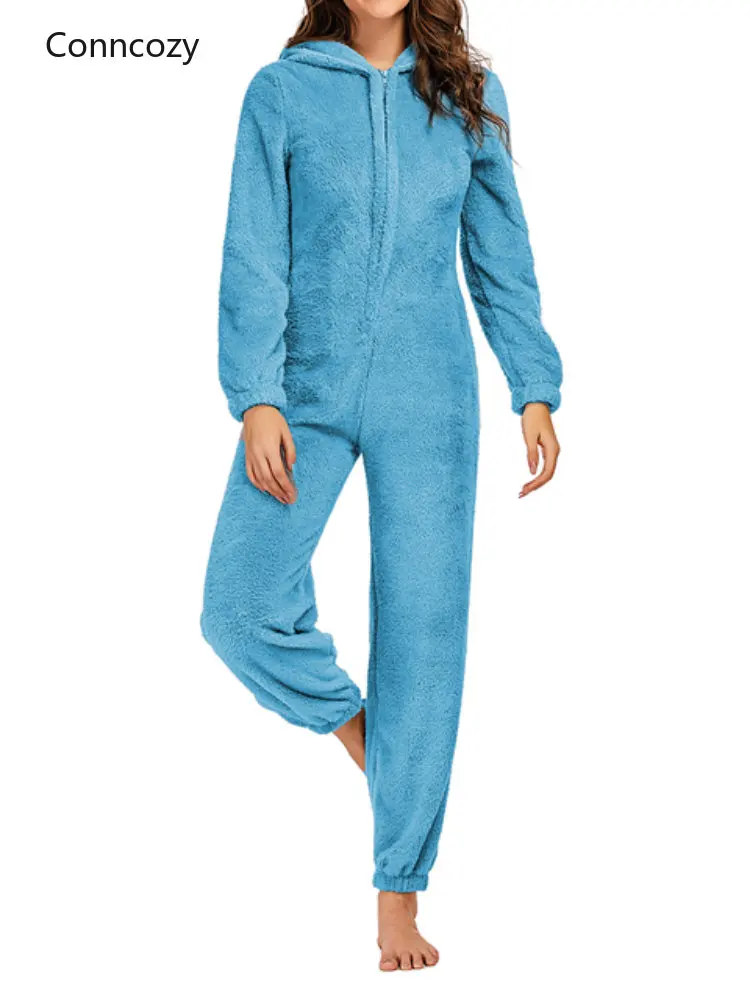 

Женские комбинезоны Зимние теплые плюшевые комбинезоны однотонные пижамы на молнии с длинным рукавом с высоким воротником и капюшоном Дом...
