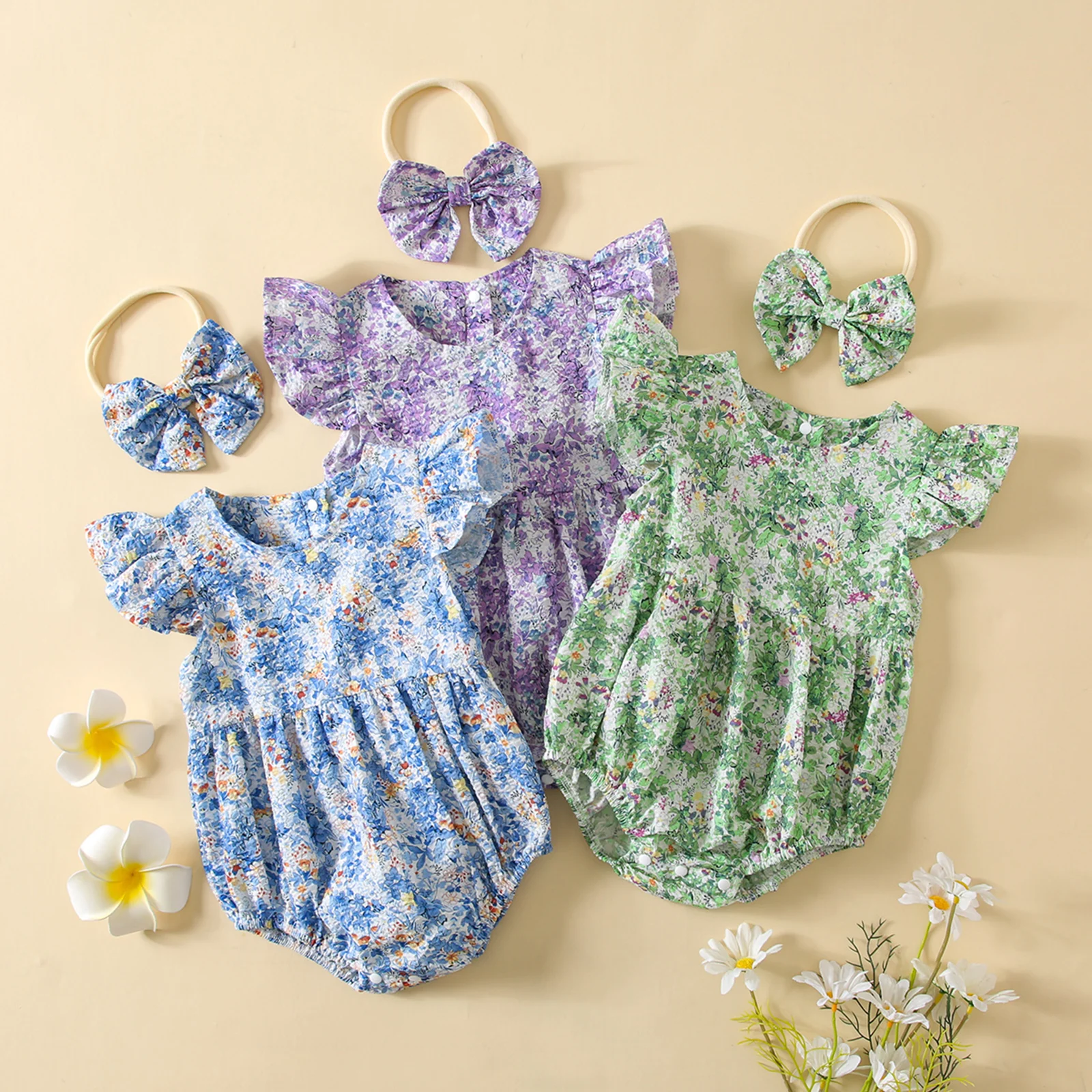 

2022-03-21 Lioraitiin 0-24M Infant Baby Girl's Bodysuit Flying Sleeve Floral Printed Bowknot Headband