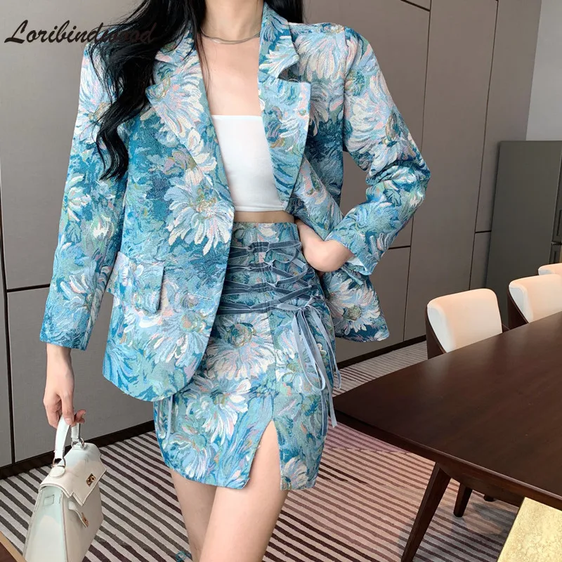 

Fashion Ink Blue Flower Printed Two Piece Set Women Wrist Sleeve Notched Blazer Jacket +High Waist Bandage Lace Up Boydcon Skirt