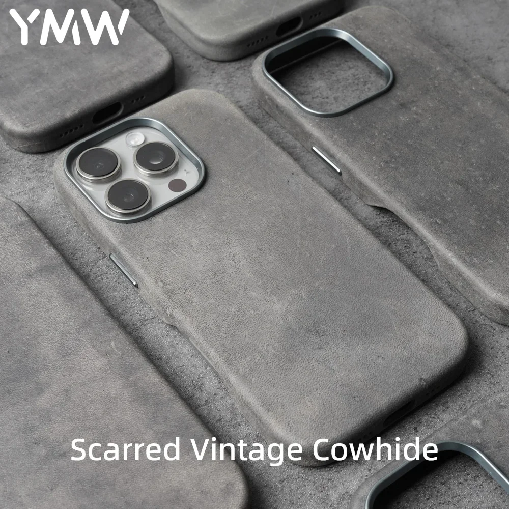 Фото Чехол YMW Scars Crazy Horse из натуральной кожи для iPhone 16 Pro Max 15 14 13, мини-магнитный чехол из искусственной кожи с морозовой воловьей кожей №1