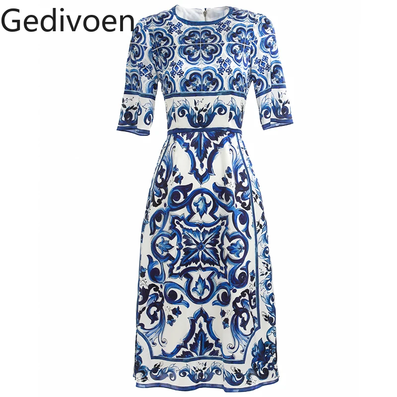 Gedivoen Fashion Runway Designer Summer Silk Dress Short sleeve Blue and White Porcelain Print Slim Vacation Dresses