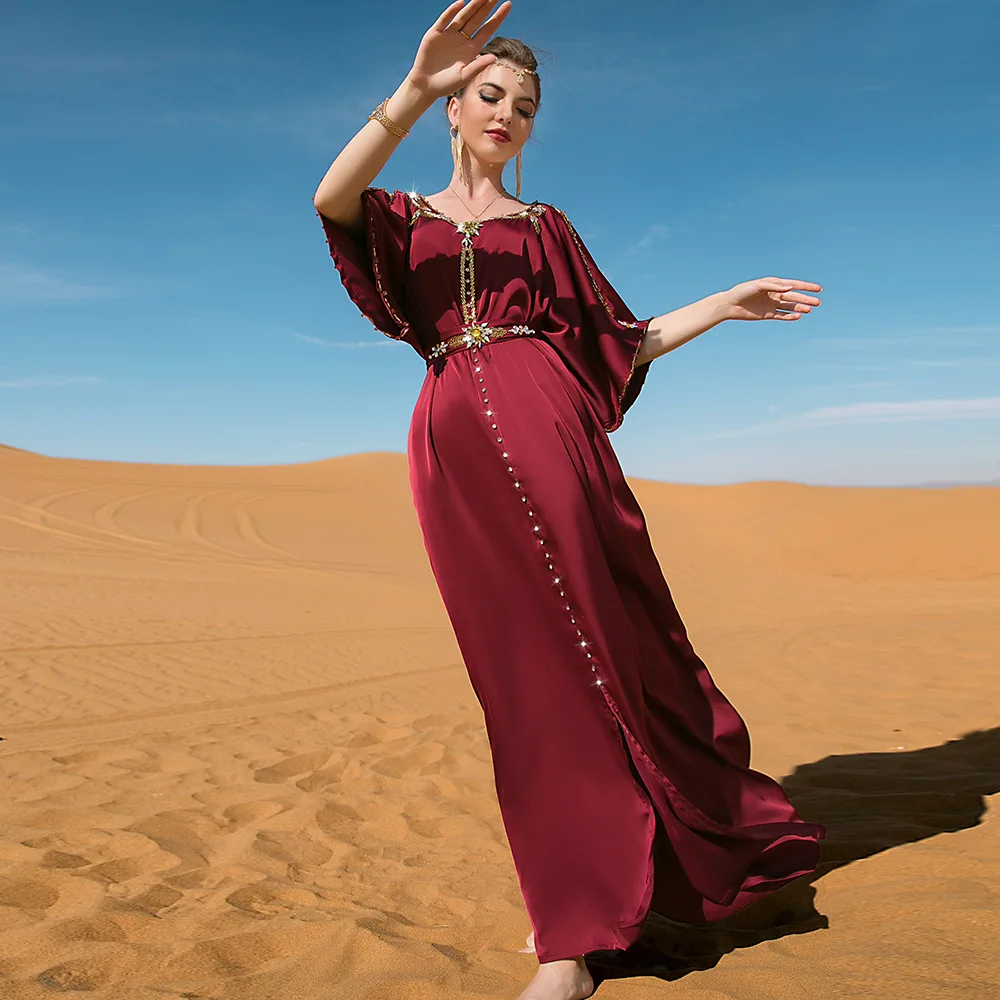 Summer New Burgundy Dress Off Shoulder Short Sleeve Hand Sewn Sequin Design Dress Festive Party Dress