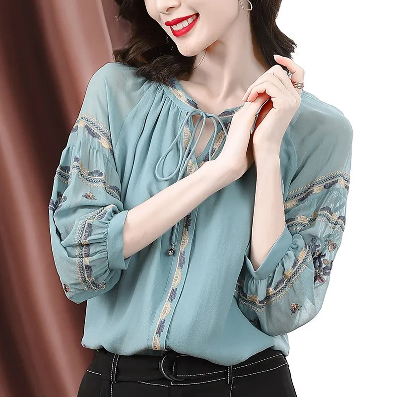 

2023 Summer New Elegant Women's Half Sleeve Chiffon Loose Printed Blouse Fashion V-neck clothing short sleeve pullover T478